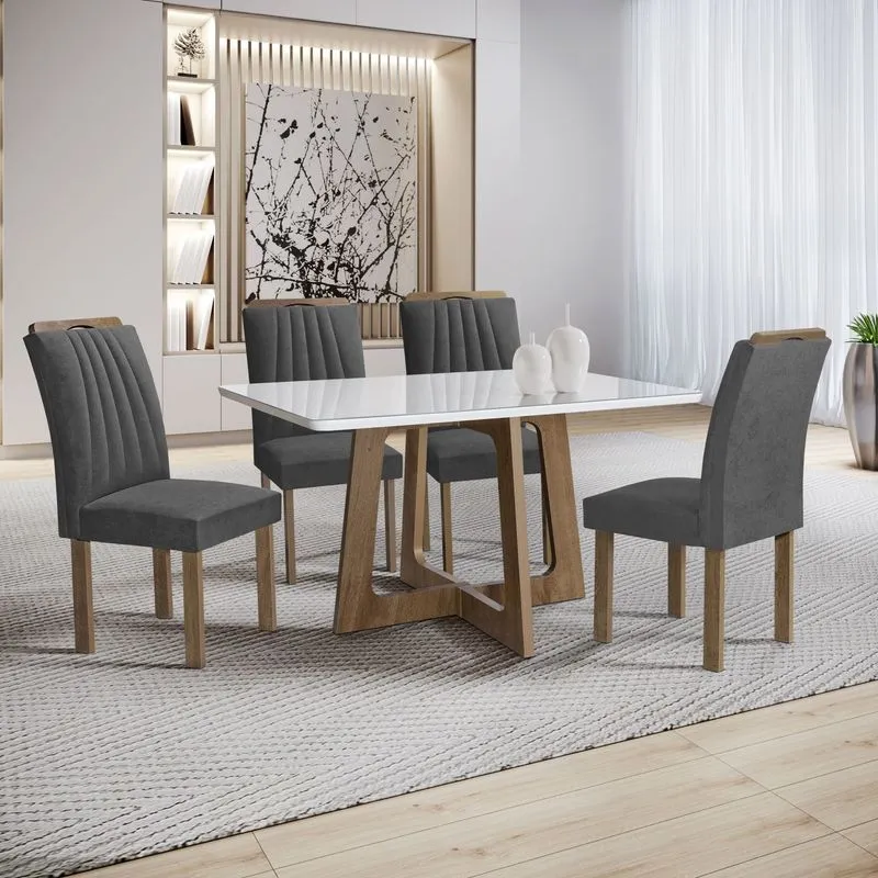 Conjunto Mesa Arizona 120cm Com 4 Cadeiras Arizona Tampo Smart Plus Com Vidro Chocolate/off White/veludo Grafite