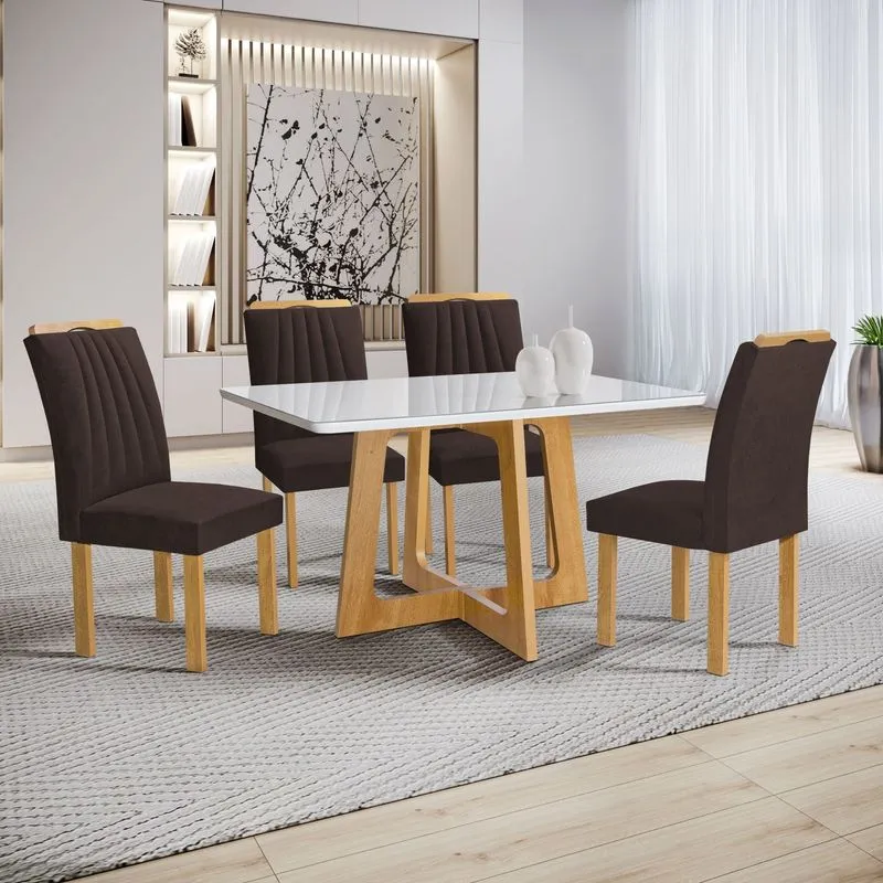 Conjunto Mesa Arizona 120cm Com 4 Cadeiras Arizona Tampo Smart Plus Com Vidro Cinamomo/off White/marrom