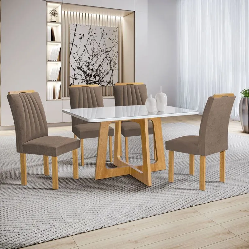 Conjunto Sala De Jantar Mesa 4 Cadeiras Vidro Arizona Cinamomo/off White/veludo Bege Escuro Cinamomo/off White/veludo Bege Escuro