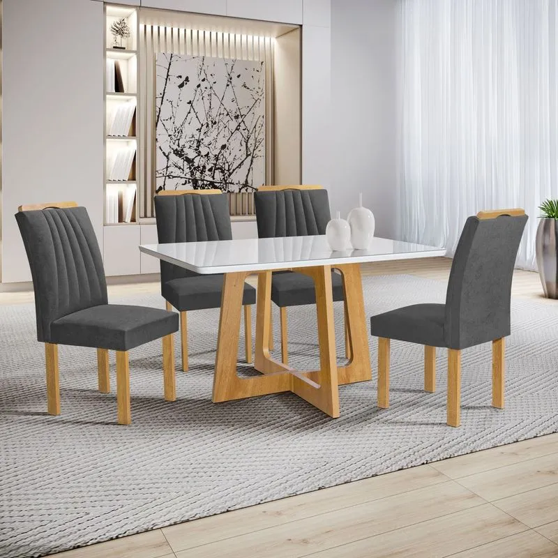 Conjunto Mesa Arizona 120cm Com 4 Cadeiras Arizona Tampo Smart Plus Com Vidro Cinamomo/off White/cinza