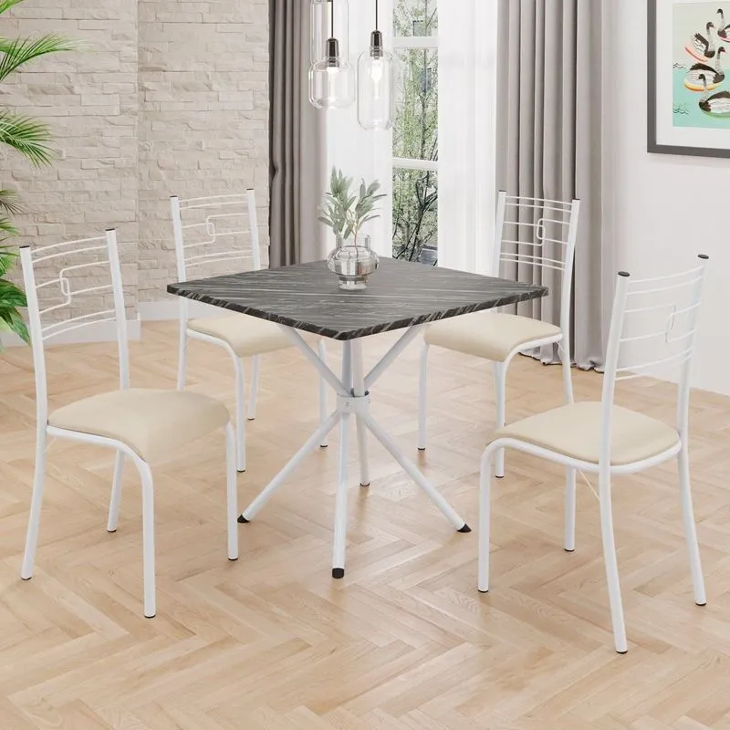 Conjunto Sala De Jantar Mesa Quadrada 75x75cm Tampo Ardósia Indiana 4 Cadeiras Paraty Creme / Branco