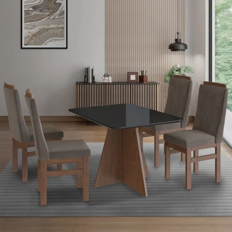 Conjunto Sala de Jantar Mesa 90x120cm T Vidro com 4 Cadeiras Madeira Maciça Tecido Joli