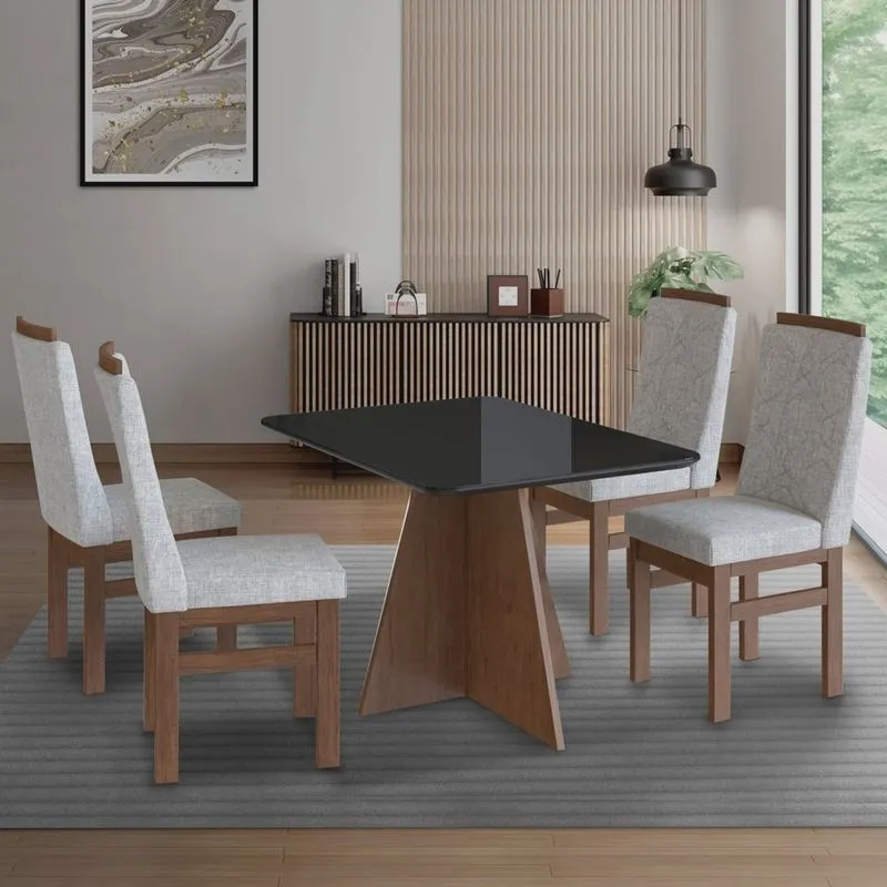 Conjunto Sala de Jantar Mesa 90x120cm T Vidro com 4 Cadeiras Madeira Maciça Tecido Joli