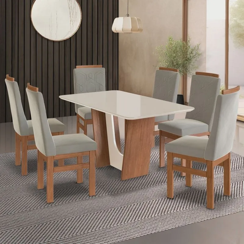 Conjunto Sala de Jantar Mesa 90x160cm T Vidro com 6 Cadeiras Madeira Maciça Tecido Joli