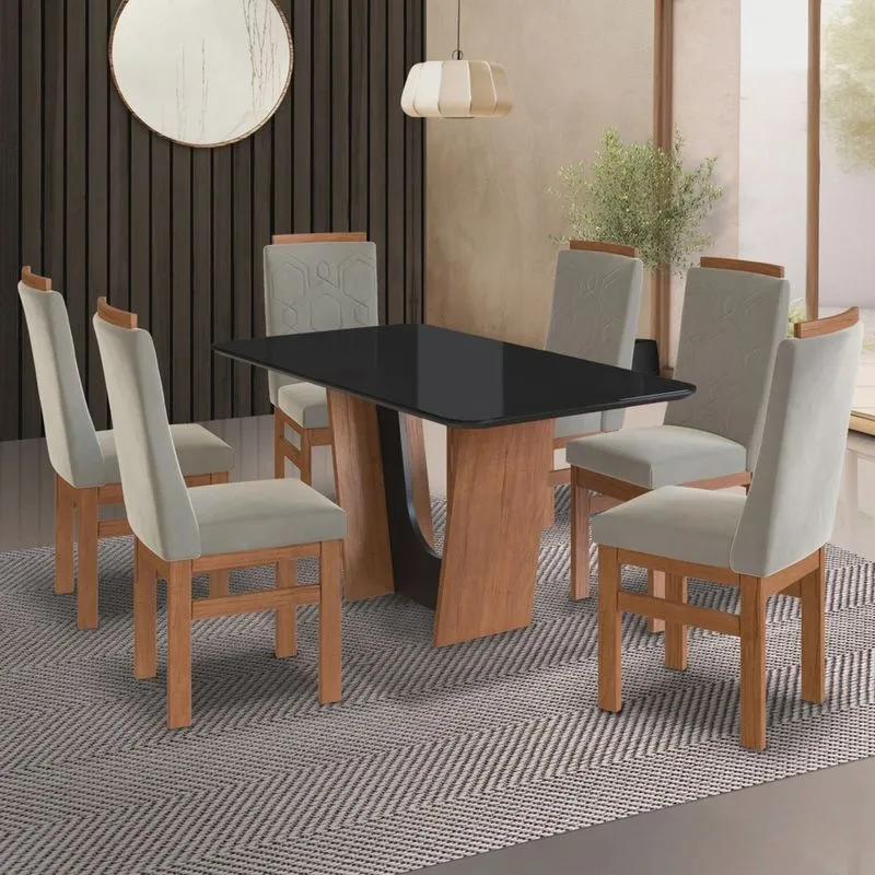 Conjunto Sala de Jantar Mesa 90x160cm T Vidro com 6 Cadeiras Madeira Maciça Tecido Joli