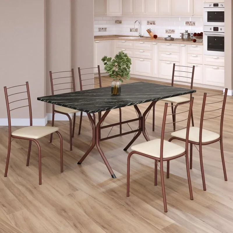 Conjunto Sala De Jantar Mesa Retangular 140x75cm Tampo Ardósia Indiana 6 Cadeiras Rio Creme / Marrom