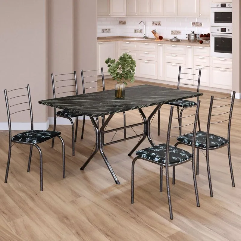 Conjunto Sala De Jantar Mesa Retangular 140x75cm Tampo Ardósia Indiana 6 Cadeiras Rio Preto Floral / Mart Prata