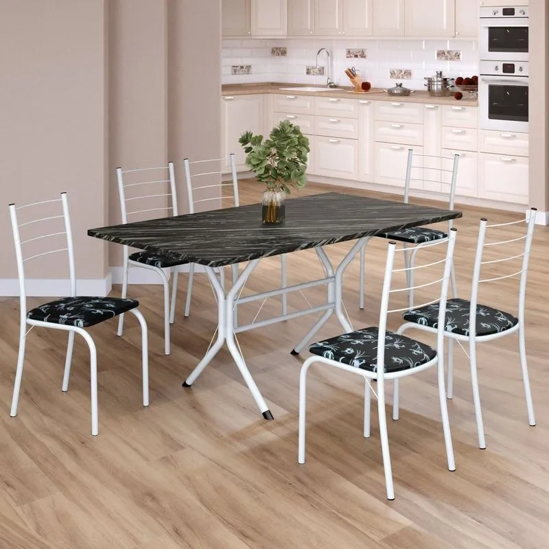 Conjunto Sala De Jantar Mesa Retangular 140x75cm Tampo Ardósia Indiana 6 Cadeiras Rio Preto Floral / Branco
