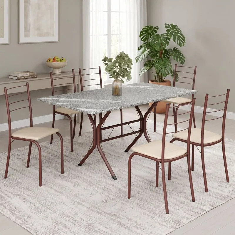 Conjunto Sala De Jantar Mesa Retangular 140x75cm Tampo Granito Topázio 6 Cadeiras Rio Creme / Marrom