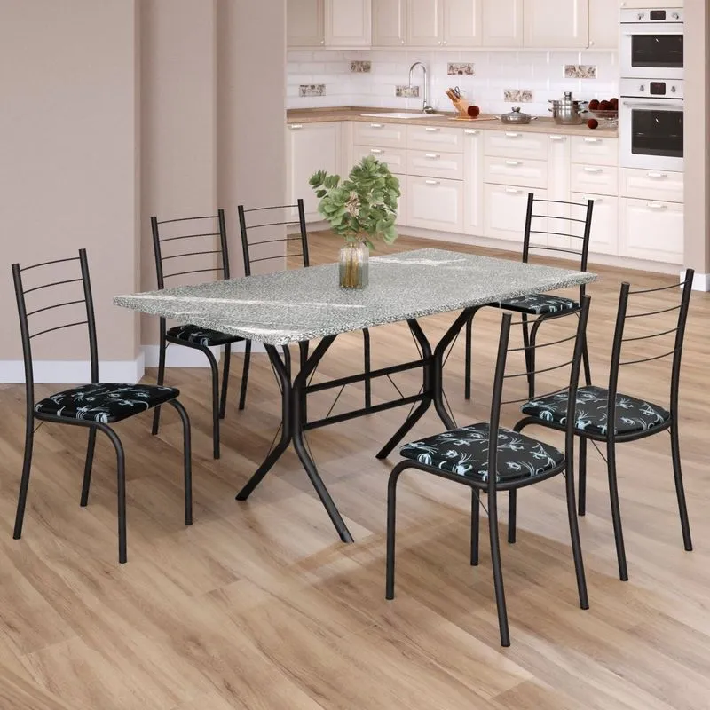 Conjunto Sala De Jantar Mesa Retangular 140x75cm Tampo Granito Topázio 6 Cadeiras Rio Preto Floral / Preto Fosco