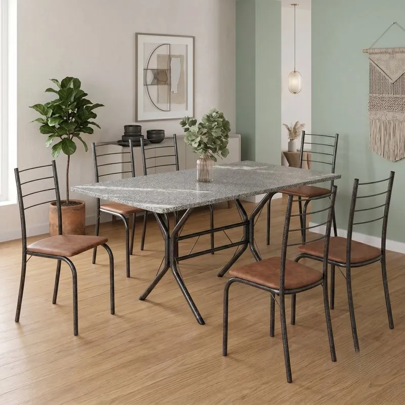 Conjunto Sala De Jantar Mesa Retangular 140x75cm Tampo Granito Topázio 6 Cadeiras Rio C. Marrom / Mart Prata