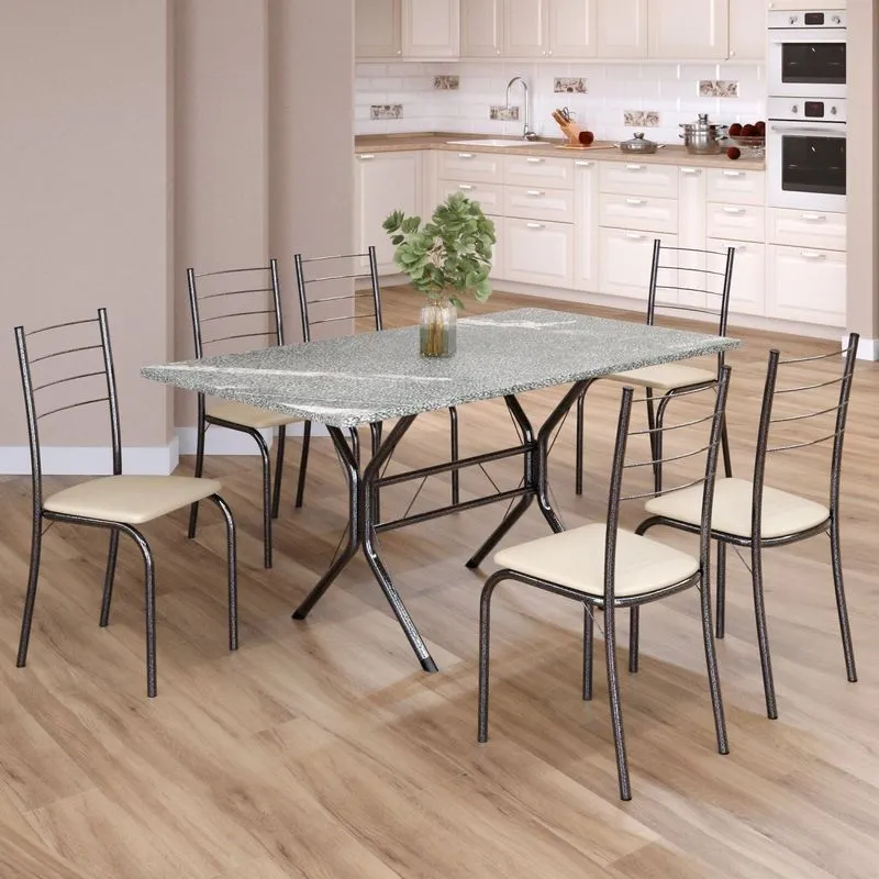 Conjunto Sala De Jantar Mesa Retangular 140x75cm Tampo Granito Topázio 6 Cadeiras Rio Creme / Mart Prata