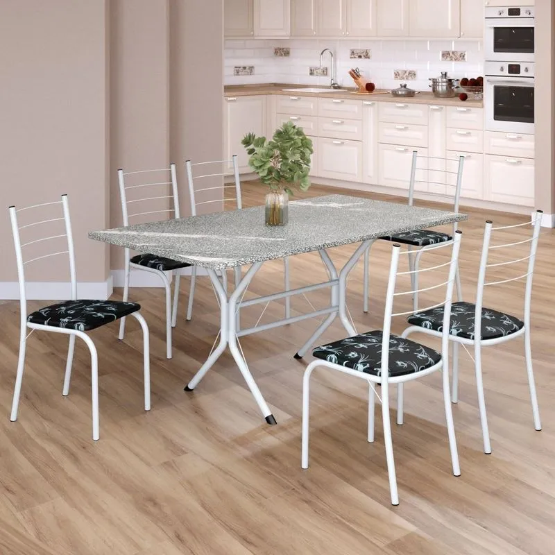 Conjunto Sala De Jantar Mesa Retangular 140x75cm Tampo Granito Topázio 6 Cadeiras Rio Preto Floral / Branco