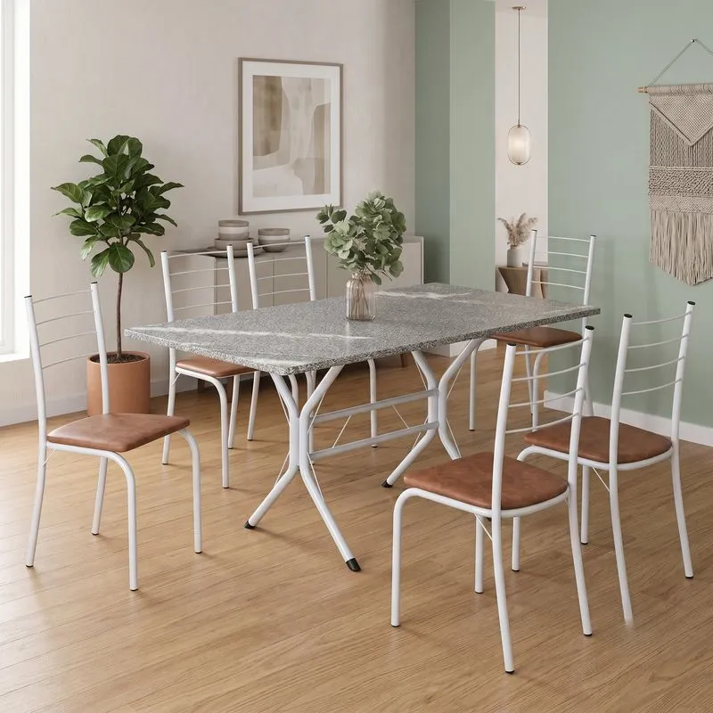 Conjunto Sala De Jantar Mesa Retangular 140x75cm Tampo Granito Topázio 6 Cadeiras Rio C. Marrom / Branco