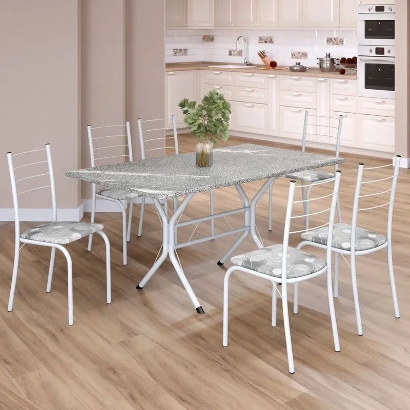 Conjunto Sala De Jantar Mesa Retangular 140x75cm Tampo Granito Topázio 6 Cadeiras Rio Paraopeba / Branco