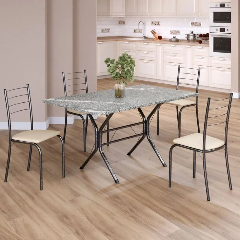 Conjunto Sala De Jantar Mesa Retangular 120x75cm Tampo Granito Topázio 4 Cadeiras Rio Creme / Mart Prata
