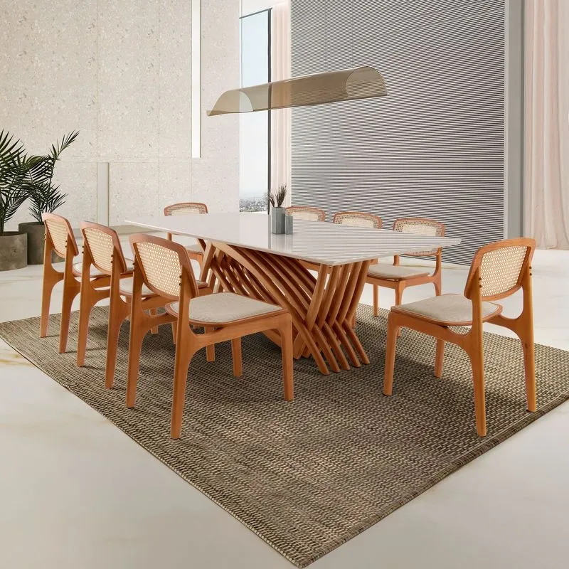 Mesa Zurick 2200 X 1100 Com 8 Cadeiras Maia Premium Off White/ Imbuia Natural