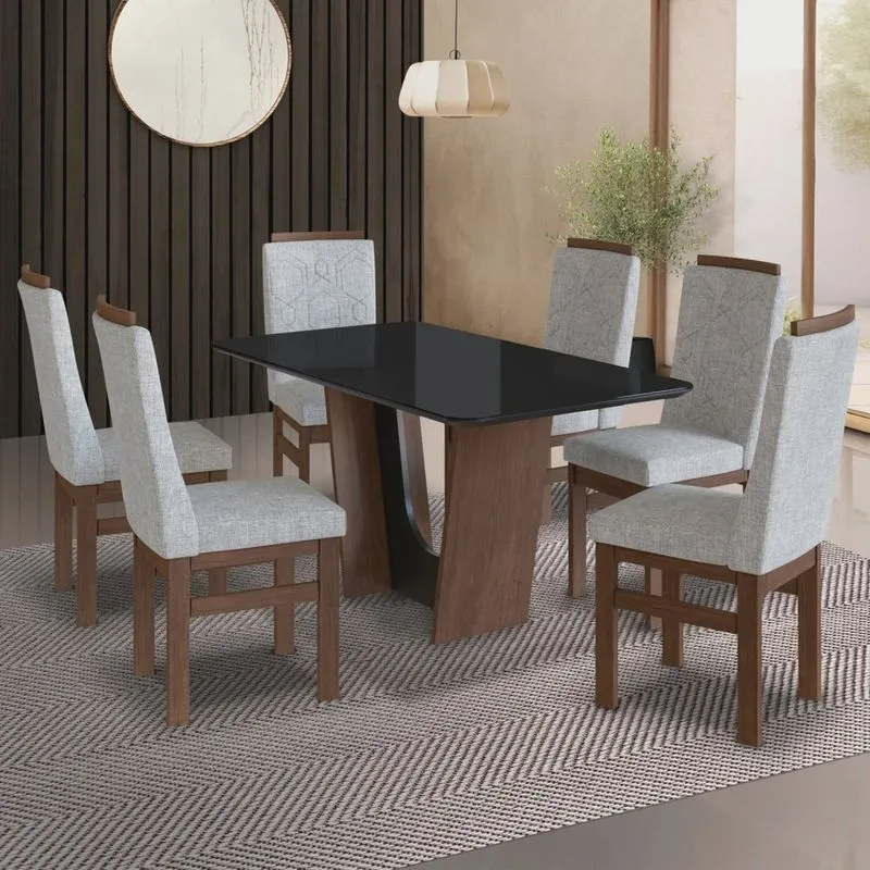 Conjunto Sala de Jantar Mesa 90x160cm T Vidro com 6 Cadeiras Madeira Maciça Tecido Linho