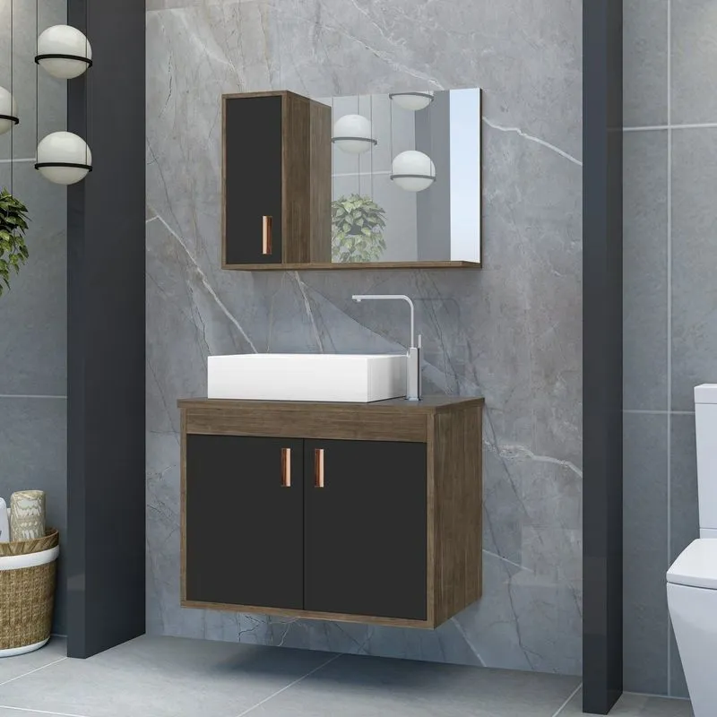 Gabinete Para Banheiro Com Cuba De Sobrepor E Espelheira 60cm Clean Avelato / Preto