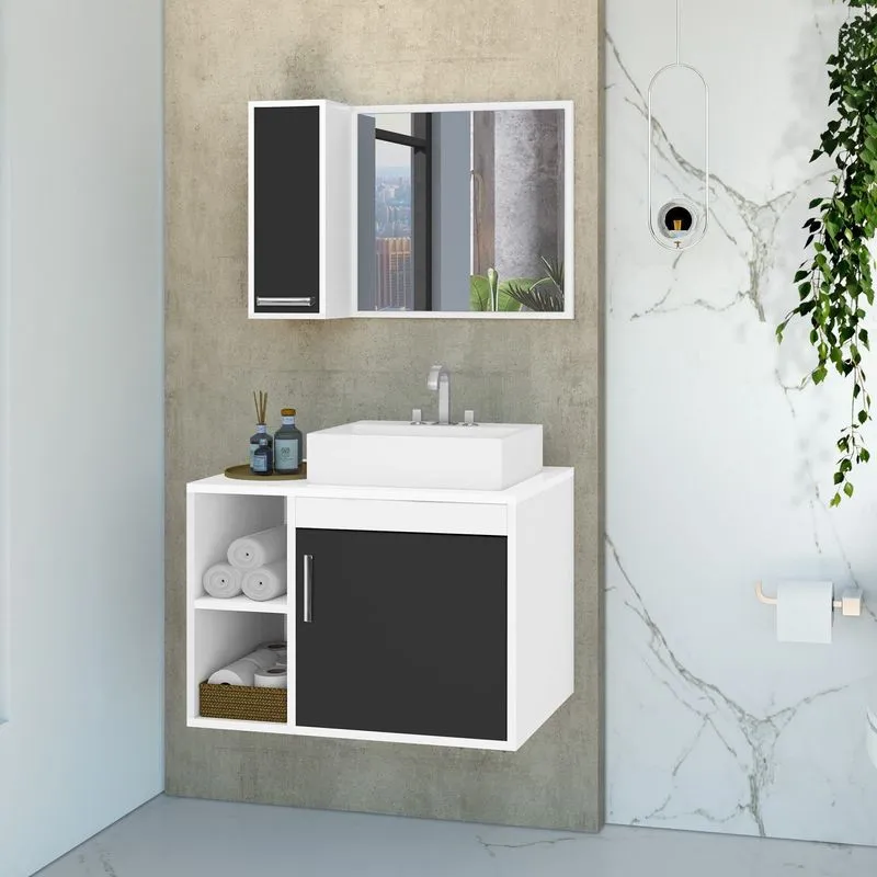 Gabinete Para Banheiro Com Cuba De Sobrepor E Espelheira 60cm Dublin Branco/preto