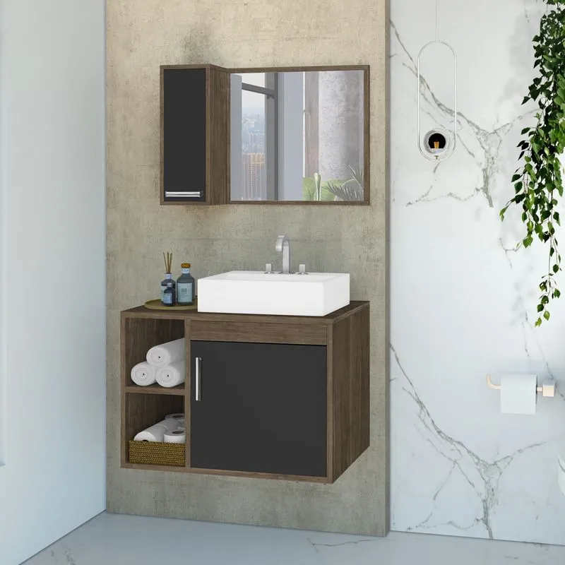 Gabinete Para Banheiro Com Cuba De Sobrepor E Espelheira 60cm Dublin Avelato / Preto