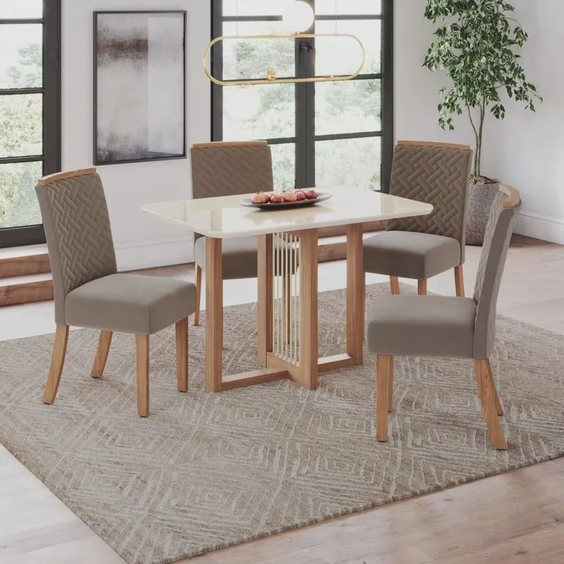 Conjunto Érika Mesa 120 Cm Canto Arredondado com Vidro 4 Cadeiras Espresso Móveis