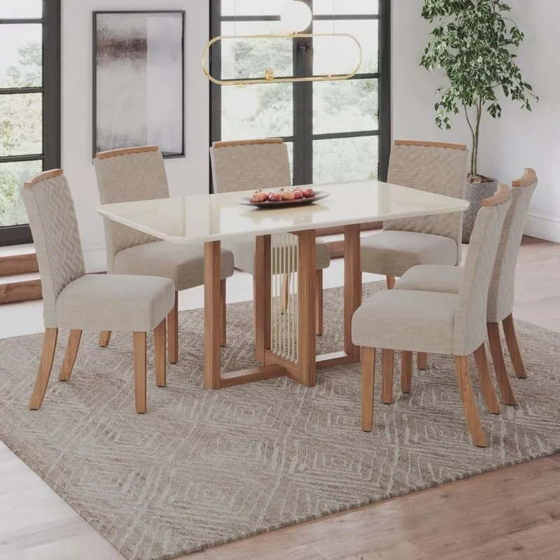Conjunto Sala de Jantar Érika Mesa 160 Cm Canto Arredondado com Vidro 6 Cadeiras Espresso Móveis