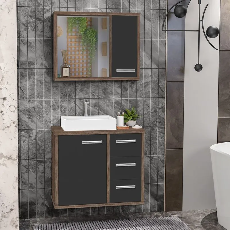 Gabinete Para Banheiro Com Cuba De Sobrepor E Espelheira 60cm Turin Avelato/preto