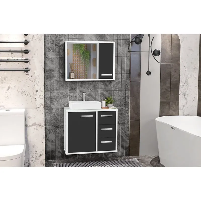 Gabinete Para Banheiro Com Tampo De Vidro Cuba De Sobrepor E Espelheira 60cm Turin Branco / Preto