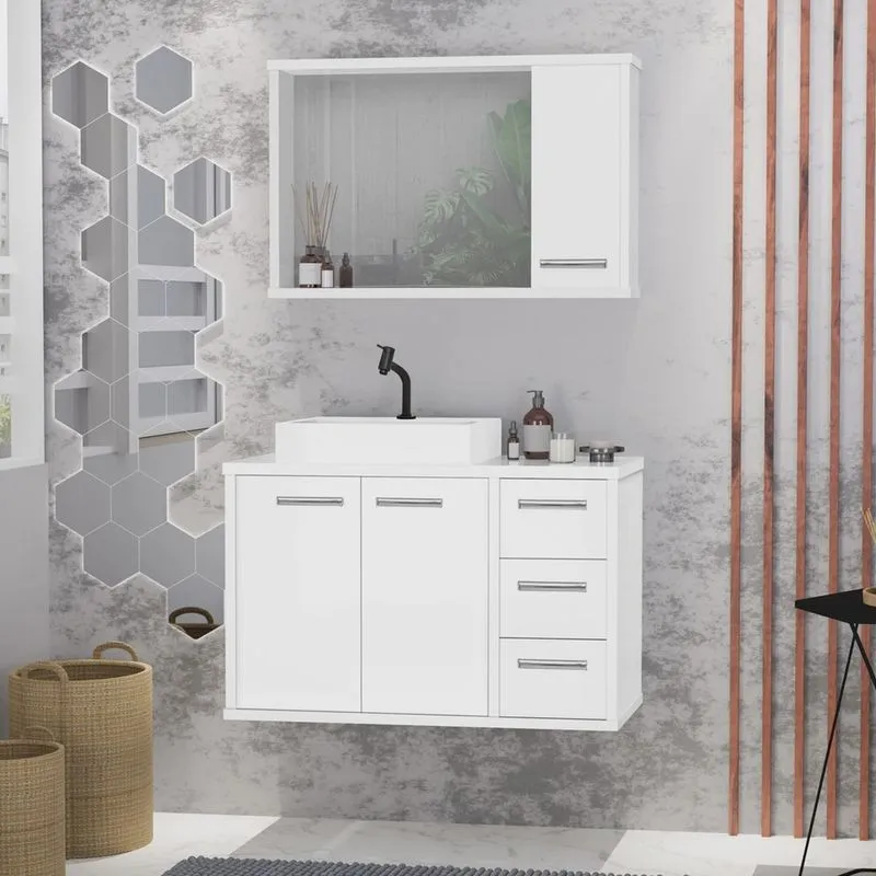Gabinete para Banheiro com Cuba de Sobrepor e Espelheira 80cm Turin