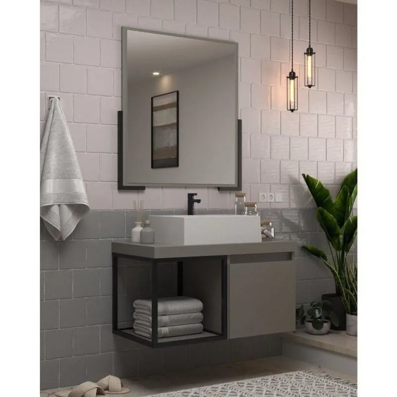 Conjunto Balcão Para Banheiro Com Espelheira Miami 80 Cimento