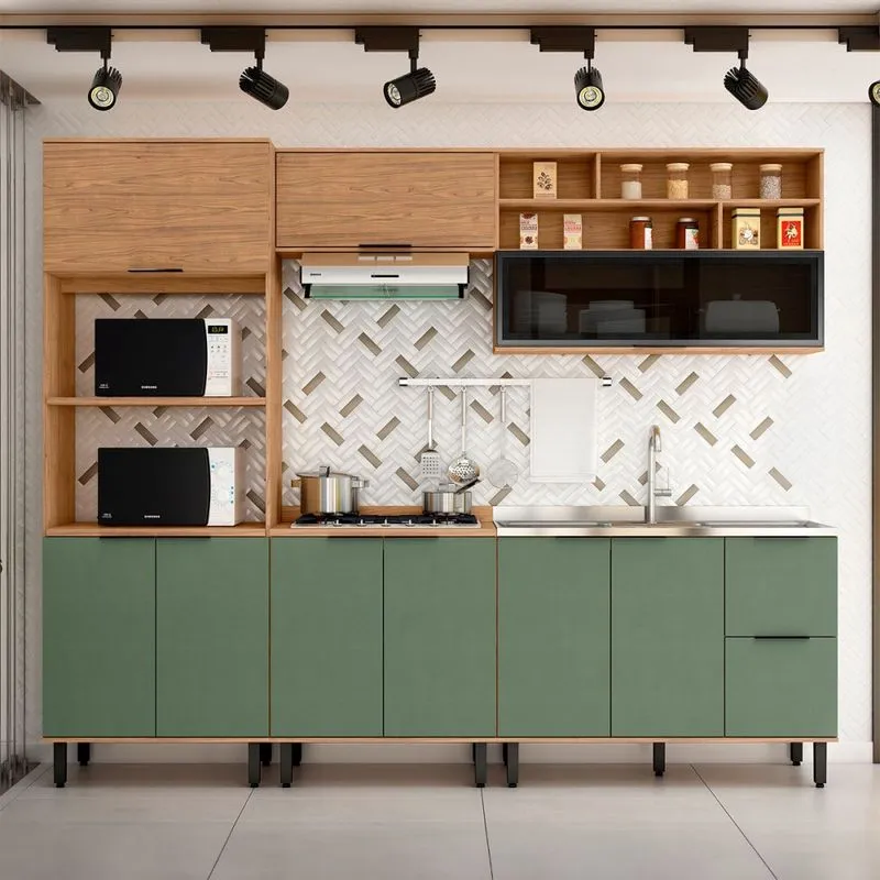 Cozinha Completa Laura 9 Portas 3 Gavetas com Vidro 100% Mdf Freijo/Jade - Mx