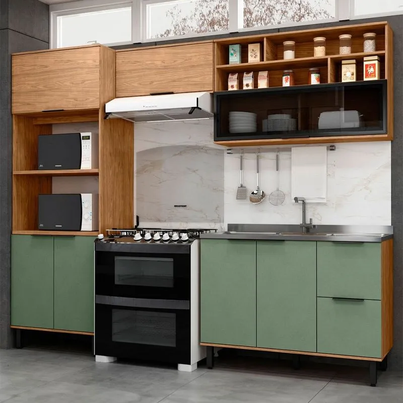 Cozinha Compacta Laura 7 Portas 3 Gavetas com Vidro 100% Mdf Freijo/Jade - Mx