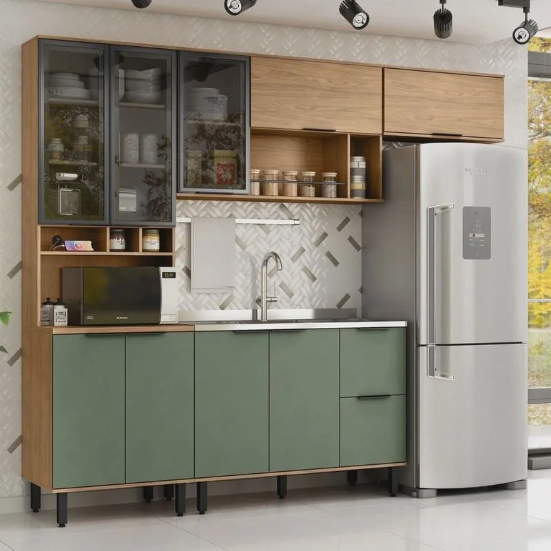 Cozinha Modulada Toscana 4 Peças Mdf com Aéreo 1200 Porta de Vidro e Paneleiro