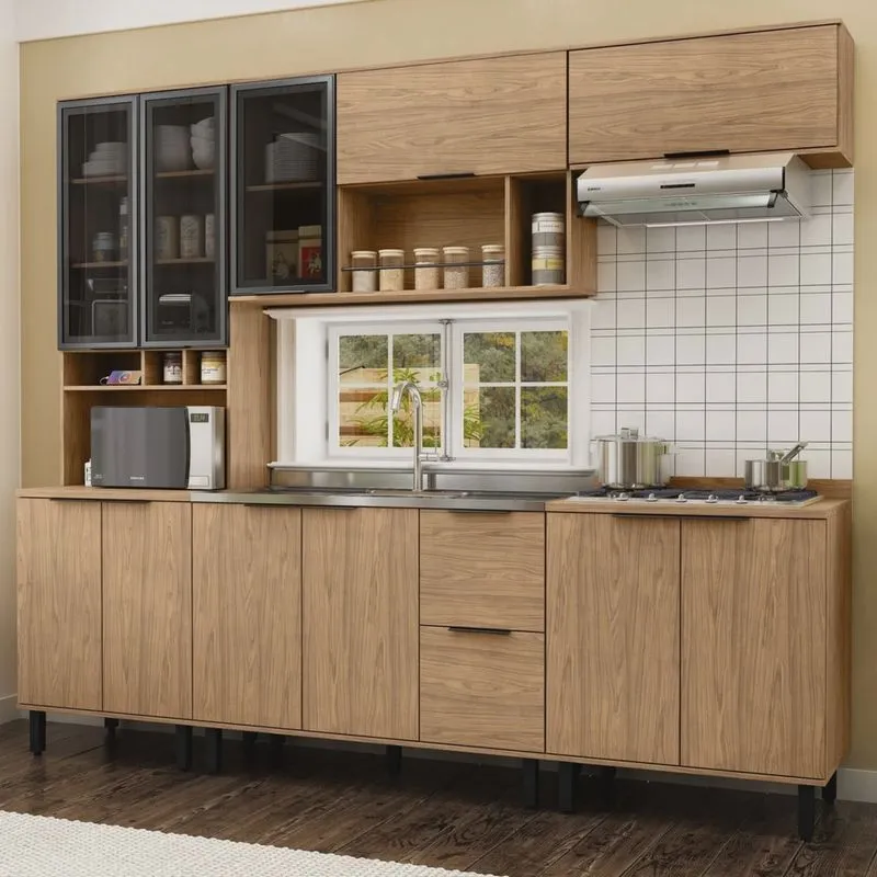 Cozinha Modulada Toscana 5 Peças Mdf com Aéreo 1200 Porta de Vidro e Paneleiro