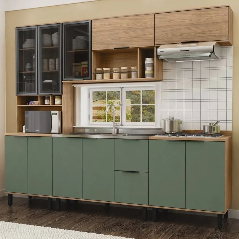 Cozinha Modulada Toscana 5 Peças Mdf com Aéreo 1200 Porta de Vidro e Paneleiro