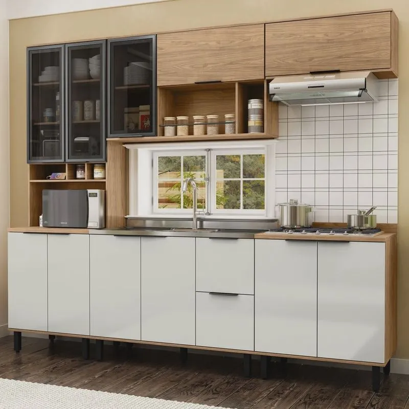 Cozinha Modulada Toscana 5 Peças Mdf com Aéreo 1200 Porta de Vidro e Paneleiro