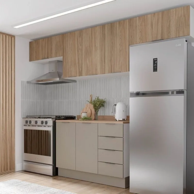 Cozinha Planejada 4 Peças com Tampo e Rodapé 3 Aéreos e 1 Balcão Ipanema CabeCasa MadeiraOrigina Fendi Trama/Acácia