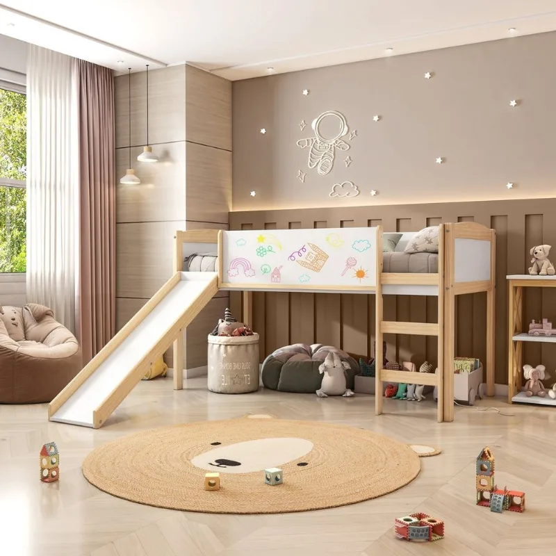 Cama Alta com Escorregador e Lousa Madeira Maciça/MDF Exclusive Casatema Branco/Ma Branco/Natural