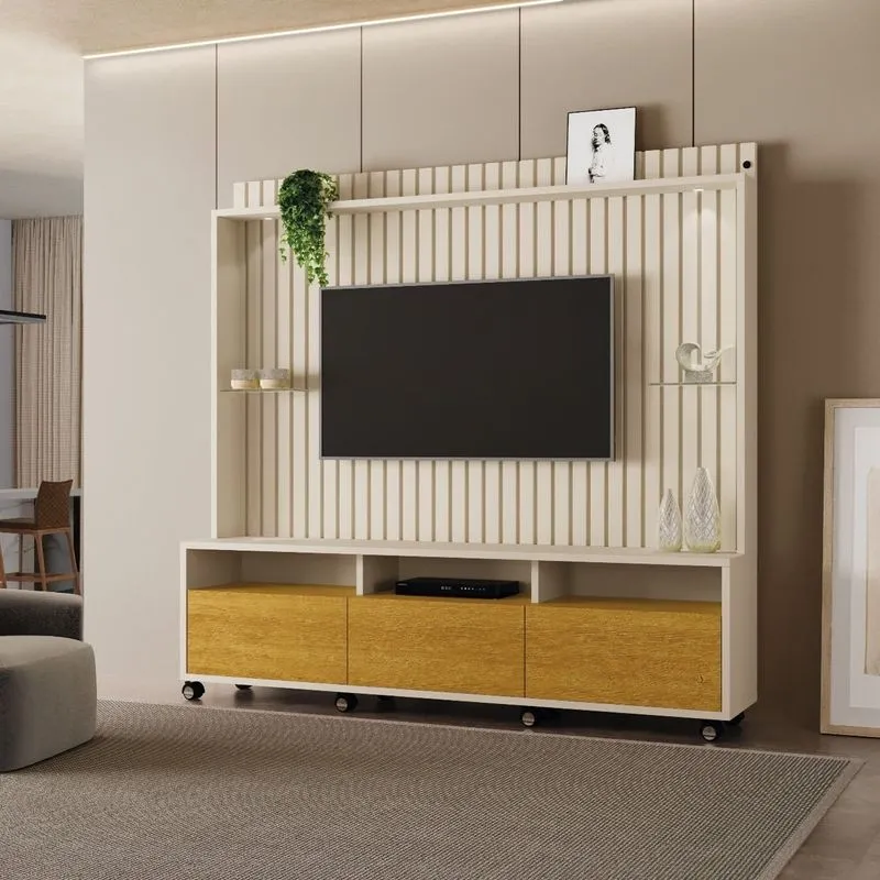 Estante Ripado Para Tv Até 60 Polegadas Com Led Mdf 190cmx190cm Com Rodízio 3 Gavetas Absoluto Bege Off White/naturale
