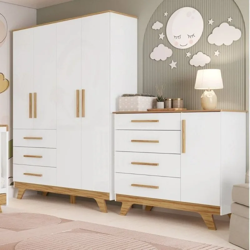 Quarto Infantil/Juvenil com Guarda Roupa 4 Portas e Cômoda 1 Porta 100% MDF Kakau Retrô Yescasa Branco Brilho/Amêndoa