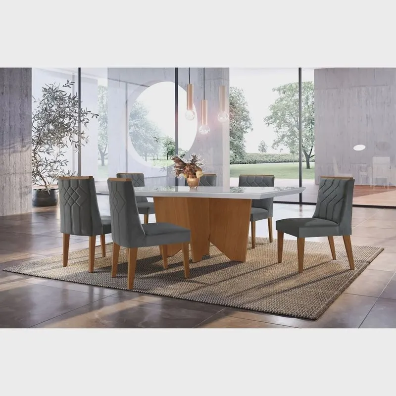 Mesa Nancy 180 Tp Mdf Canto Reto com 6 Cadeiras Nancy Luxo