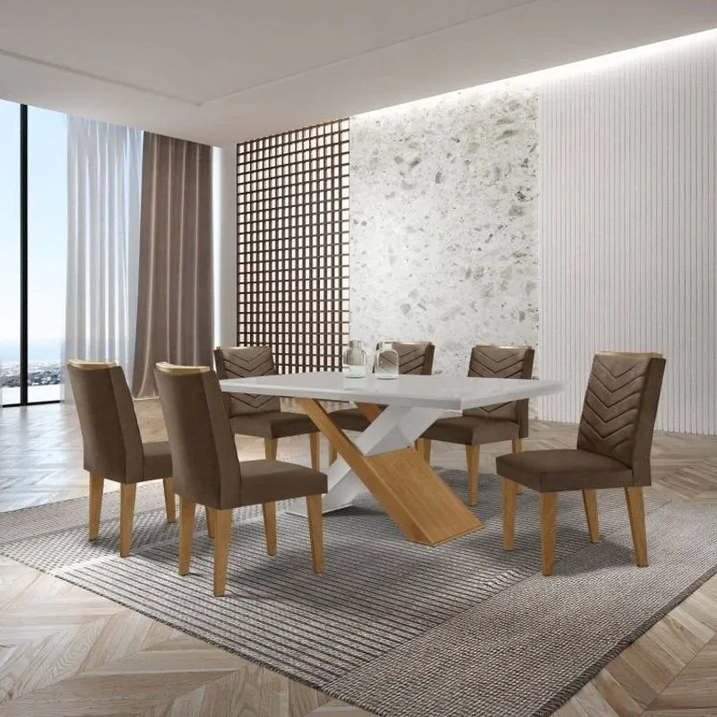 Mesa Valentina 180 Tampo Mdf Canto Reto Com 6 Cadeiras Monique Marrom/off White/imbuia