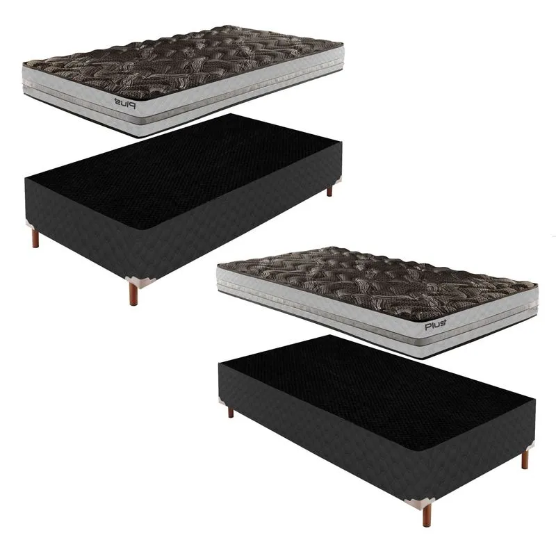 2 Bases Box Solteiro Íris 42x88x188cm com Kit Com 2 Colchões Solteiro Unique D33 Plus 14x88x188cm Preto Elegancy