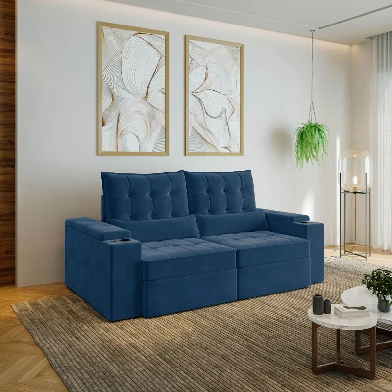 Sofá Retrátil Reclinável 3 Lugares 210cm Porta Copos e USB Embaúba Extra CabeCasa MadeiraOriginals Azul Diamante Azul Diamante