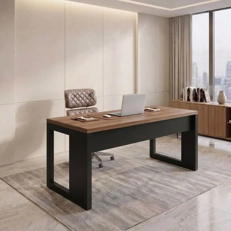 Mesa Para Escritório Retangular Pé Quadro Preto/marrom