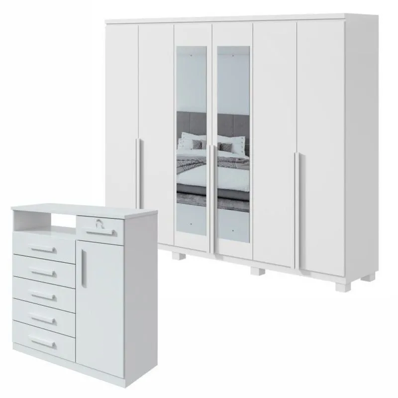 Conjunto De Guarda-roupa Alonzo Com Espelho E Pés E Cômoda Da Vinci Com Nicho Branco
