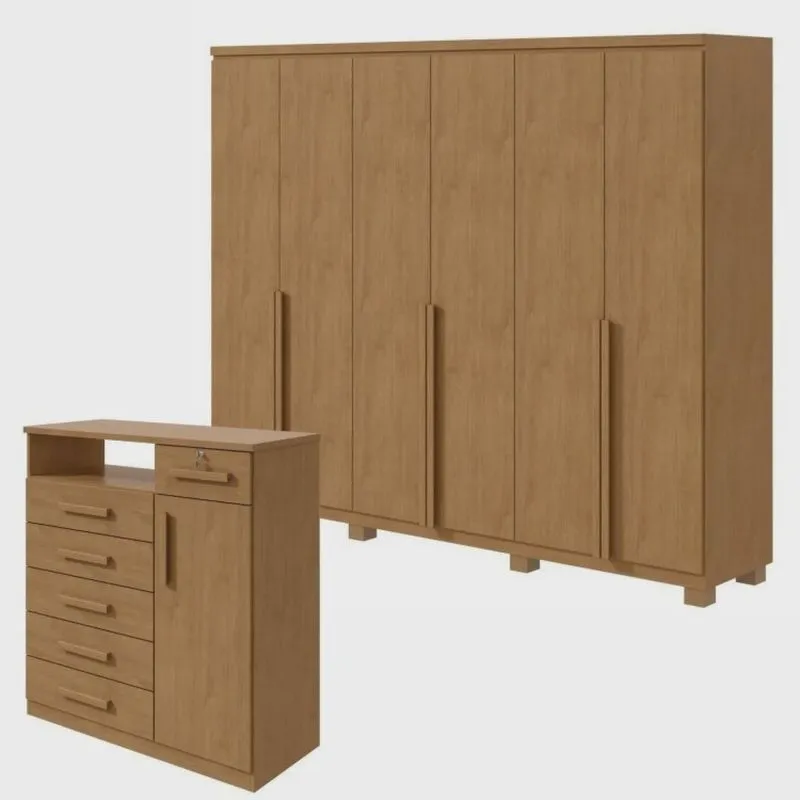 Conjunto de Guarda-roupa Alonzo com Pés e Cômoda da Vinci com Nicho
