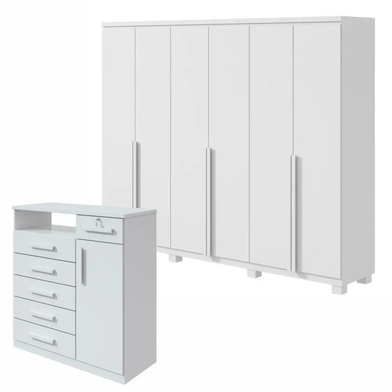 Conjunto De Guarda-roupa Alonzo Com Espelho E Cômoda Da Vinci Com Nicho Branco
