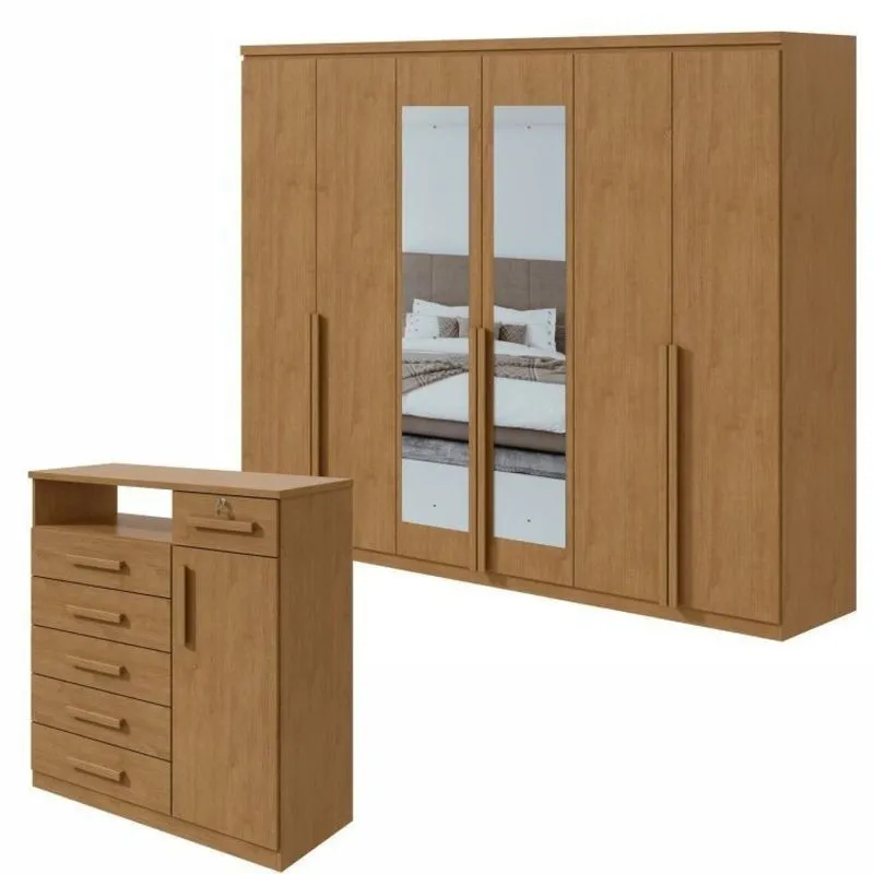 Conjunto De Guarda-roupa Alonzo Com Espelho E Cômoda Da Vinci Com Nicho Amêndoa Clean